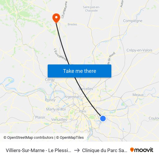 Villiers-Sur-Marne - Le Plessis-Trévise RER to Clinique du Parc Saint-Lazare map
