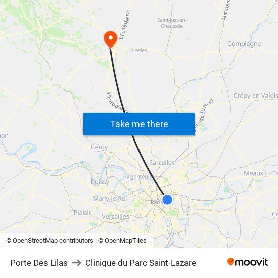 Porte Des Lilas to Clinique du Parc Saint-Lazare map