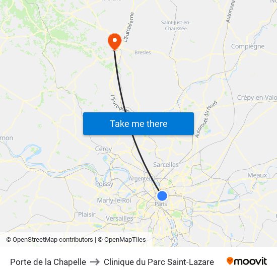 Porte de la Chapelle to Clinique du Parc Saint-Lazare map