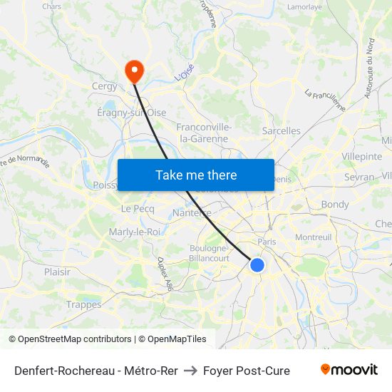 Denfert-Rochereau - Métro-Rer to Foyer Post-Cure map