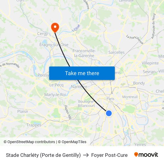 Stade Charléty (Porte de Gentilly) to Foyer Post-Cure map