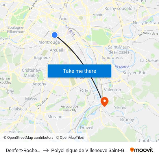 Denfert-Rochereau to Polyclinique de Villeneuve Saint-Georges map
