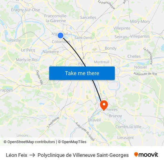 Léon Feix to Polyclinique de Villeneuve Saint-Georges map