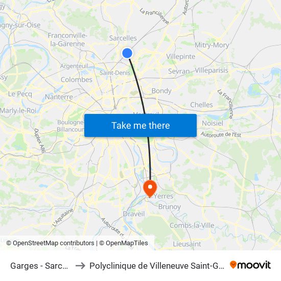 Garges - Sarcelles to Polyclinique de Villeneuve Saint-Georges map