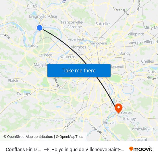 Conflans Fin D'Oise to Polyclinique de Villeneuve Saint-Georges map