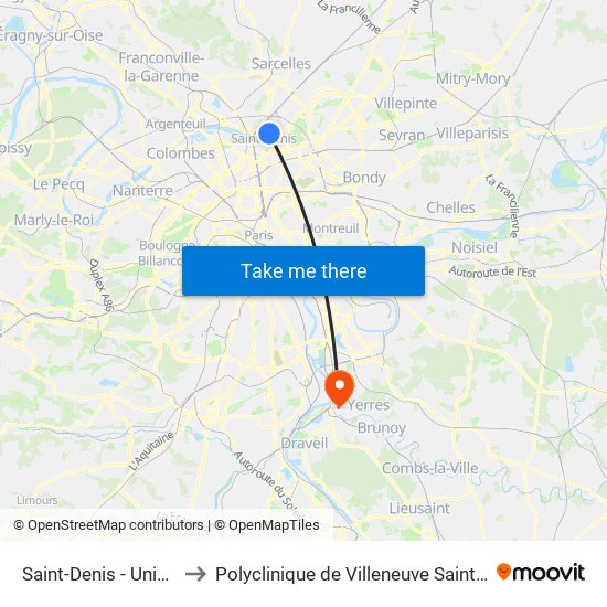 Saint-Denis - Université to Polyclinique de Villeneuve Saint-Georges map
