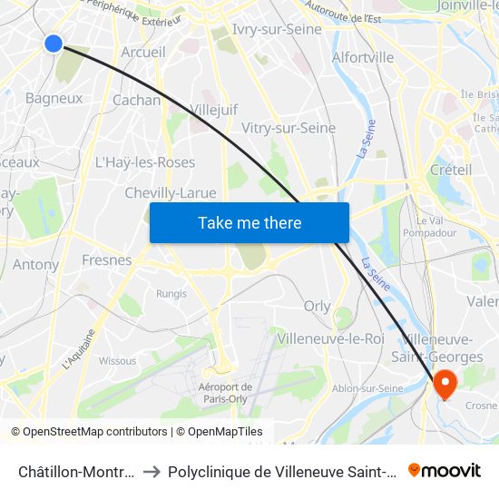 Châtillon-Montrouge to Polyclinique de Villeneuve Saint-Georges map