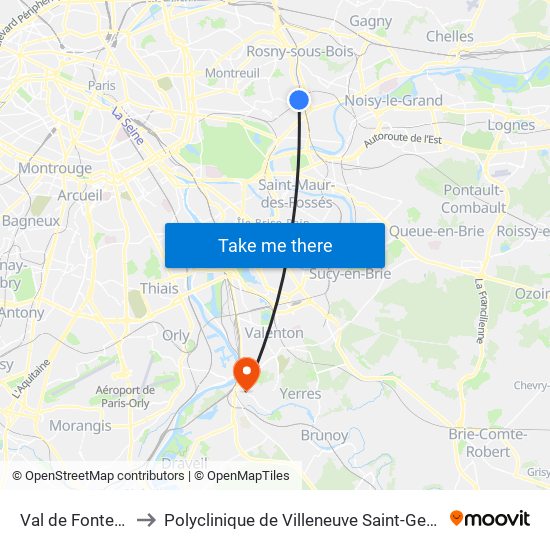 Val de Fontenay to Polyclinique de Villeneuve Saint-Georges map