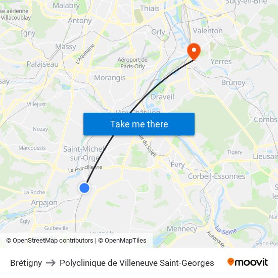 Brétigny to Polyclinique de Villeneuve Saint-Georges map
