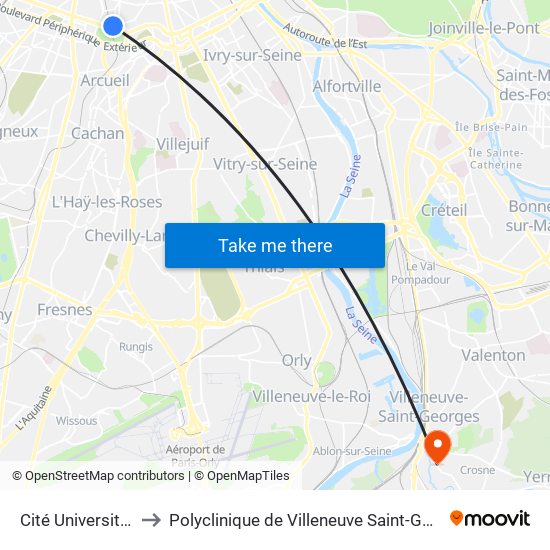 Cité Universitaire to Polyclinique de Villeneuve Saint-Georges map