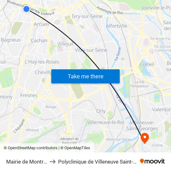 Mairie de Montrouge to Polyclinique de Villeneuve Saint-Georges map