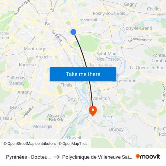 Pyrénées - Docteur Netter to Polyclinique de Villeneuve Saint-Georges map