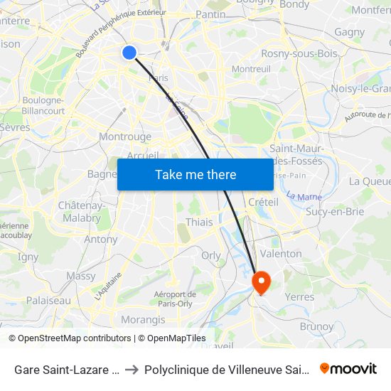 Gare Saint-Lazare - Rome to Polyclinique de Villeneuve Saint-Georges map