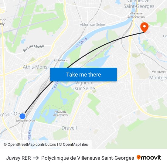 Juvisy RER to Polyclinique de Villeneuve Saint-Georges map