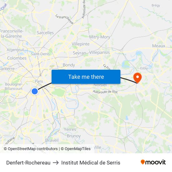 Denfert-Rochereau to Institut Médical de Serris map