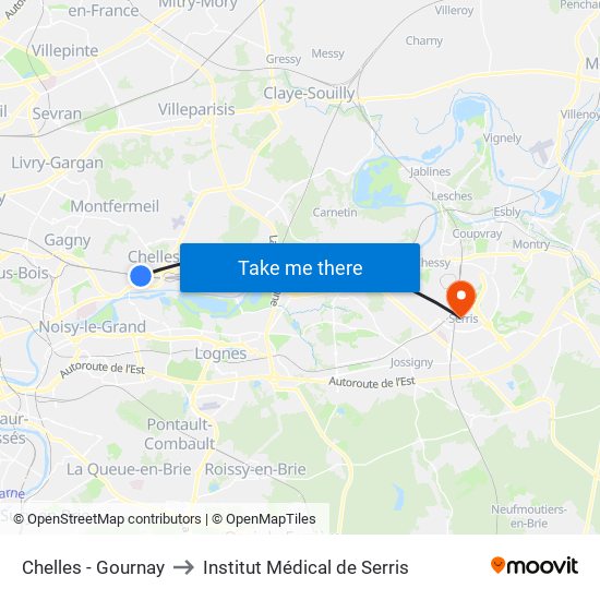 Chelles - Gournay to Institut Médical de Serris map