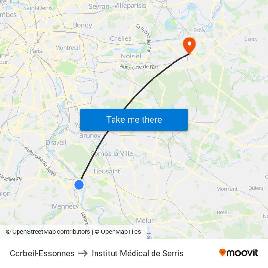 Corbeil-Essonnes to Institut Médical de Serris map
