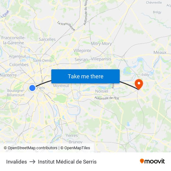 Invalides to Institut Médical de Serris map