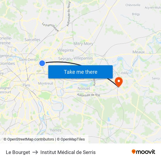 Le Bourget to Institut Médical de Serris map