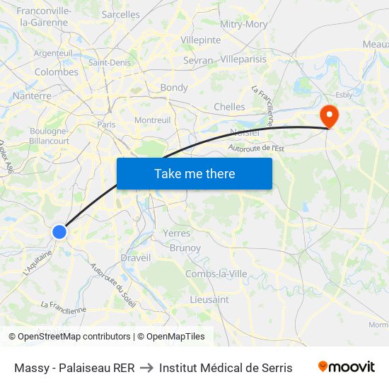 Massy - Palaiseau RER to Institut Médical de Serris map