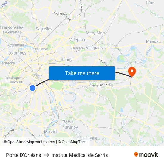 Porte D'Orléans to Institut Médical de Serris map