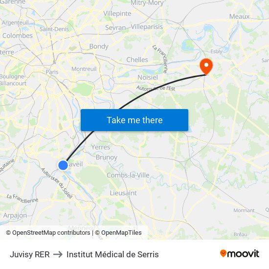 Juvisy RER to Institut Médical de Serris map