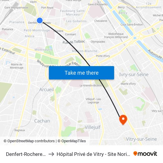 Denfert-Rochereau to Hôpital Privé de Vitry - Site Noriets map