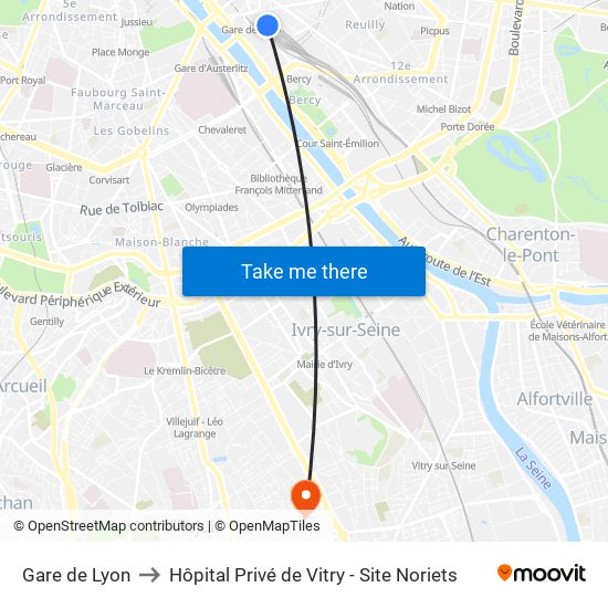 Gare de Lyon to Hôpital Privé de Vitry - Site Noriets map