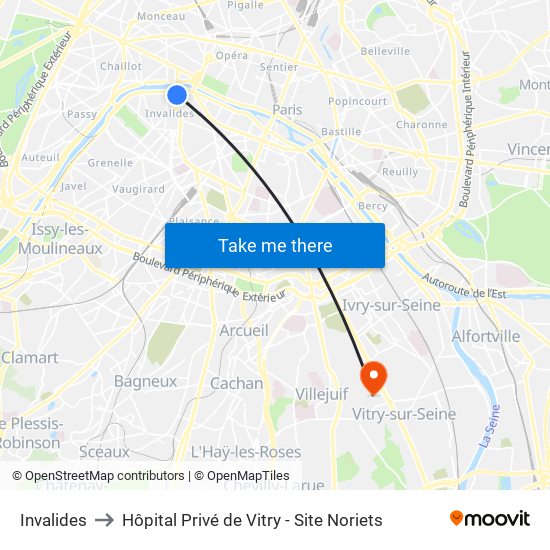 Invalides to Hôpital Privé de Vitry - Site Noriets map