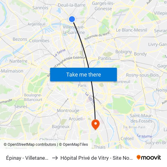 Épinay - Villetaneuse to Hôpital Privé de Vitry - Site Noriets map