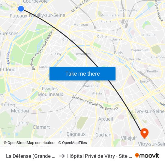 La Défense (Grande Arche) to Hôpital Privé de Vitry - Site Noriets map