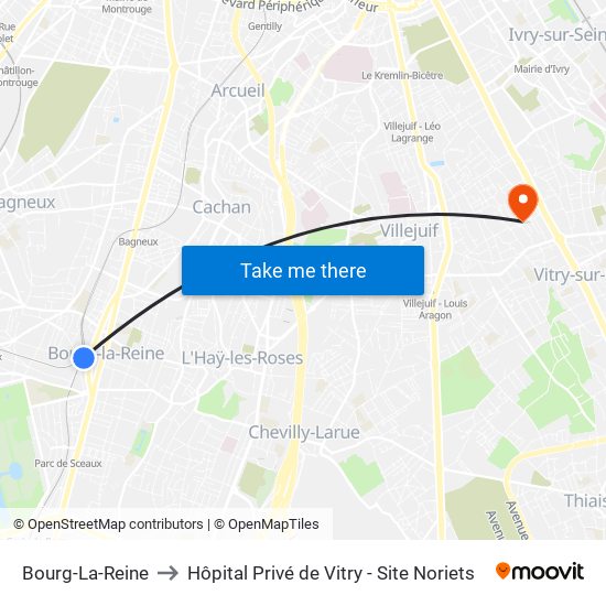 Bourg-La-Reine to Hôpital Privé de Vitry - Site Noriets map