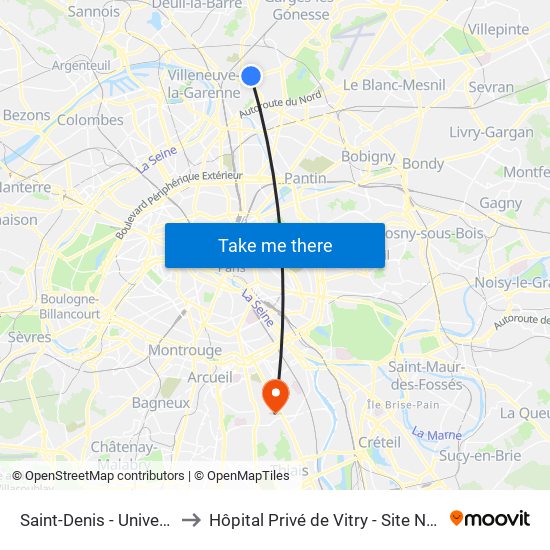 Saint-Denis - Université to Hôpital Privé de Vitry - Site Noriets map