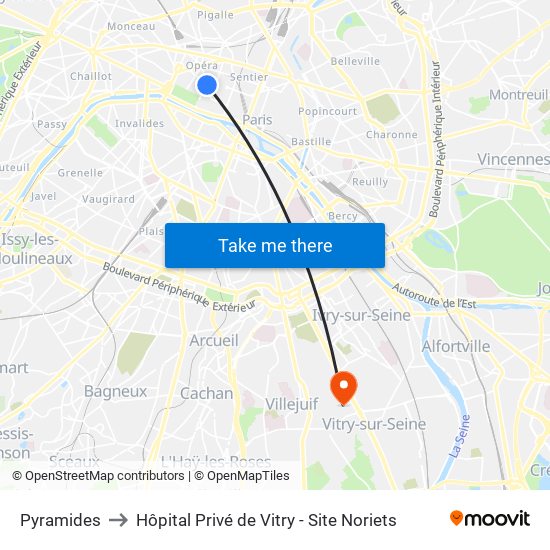 Pyramides to Hôpital Privé de Vitry - Site Noriets map