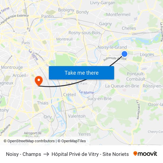 Noisy - Champs to Hôpital Privé de Vitry - Site Noriets map