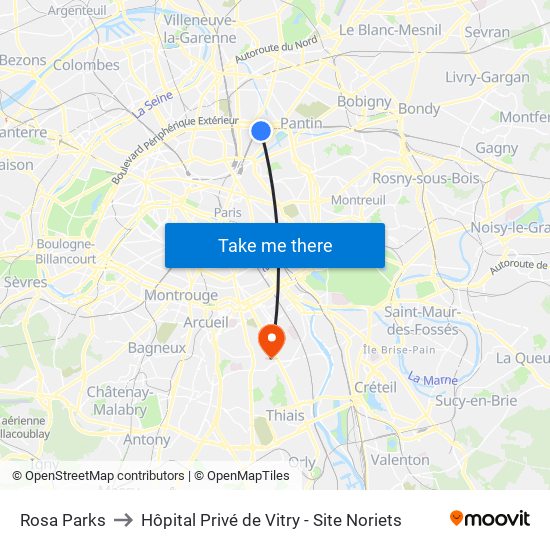 Rosa Parks to Hôpital Privé de Vitry - Site Noriets map