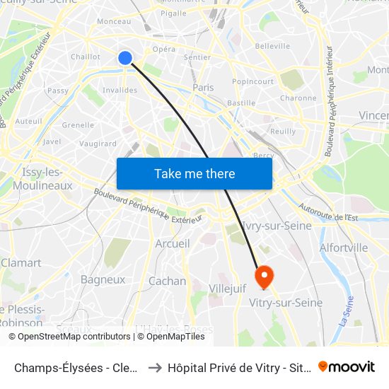 Champs-Élysées - Clemenceau to Hôpital Privé de Vitry - Site Noriets map
