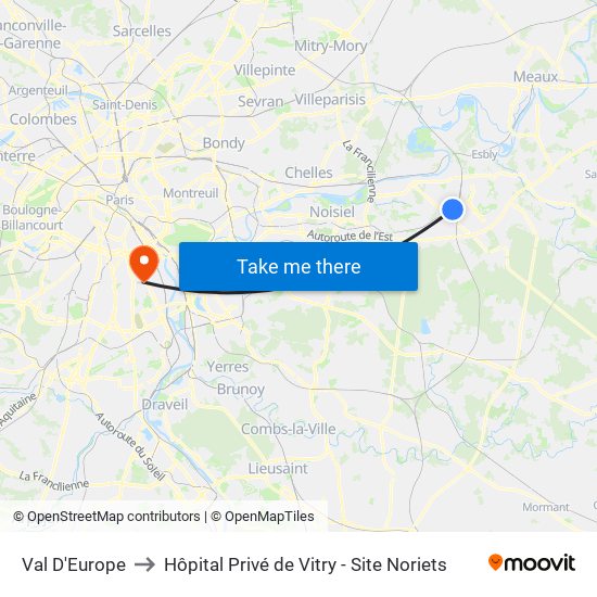 Val D'Europe to Hôpital Privé de Vitry - Site Noriets map