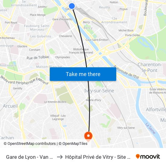 Gare de Lyon - Van Gogh to Hôpital Privé de Vitry - Site Noriets map