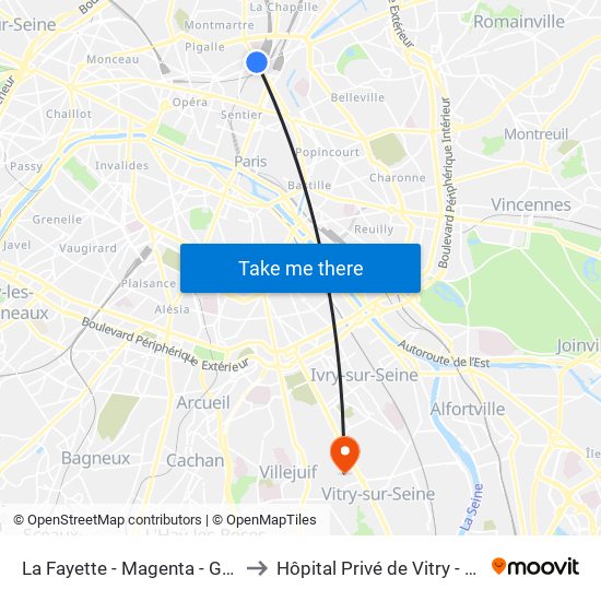 La Fayette - Magenta - Gare du Nord to Hôpital Privé de Vitry - Site Noriets map