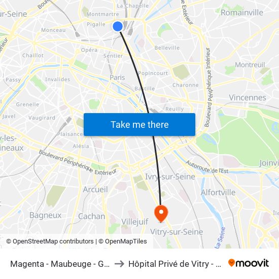 Magenta - Maubeuge - Gare du Nord to Hôpital Privé de Vitry - Site Noriets map
