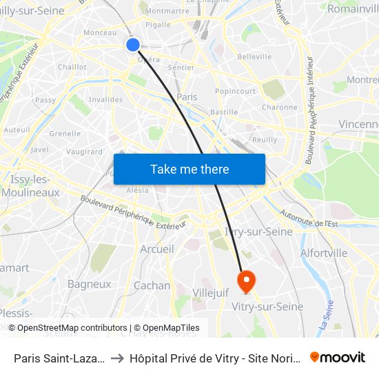 Paris Saint-Lazare to Hôpital Privé de Vitry - Site Noriets map