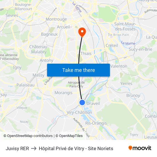 Juvisy RER to Hôpital Privé de Vitry - Site Noriets map