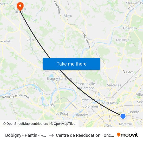 Bobigny - Pantin - Raymond Queneau to Centre de Rééducation Fonctionnelle Léopold Bellan map