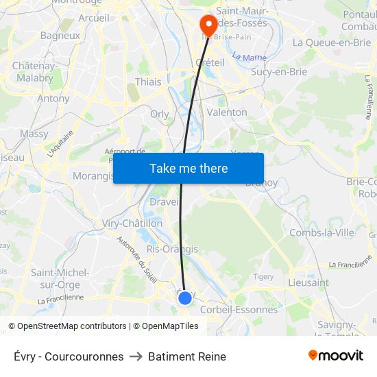 Évry - Courcouronnes to Batiment Reine map