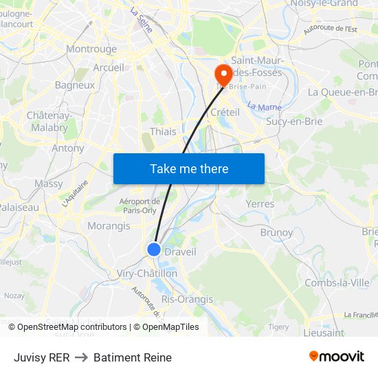 Juvisy RER to Batiment Reine map