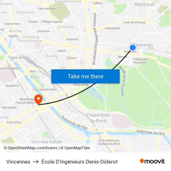 Vincennes to École D'Ingénieurs Denis-Diderot map