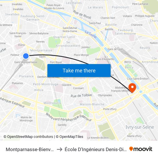 Montparnasse-Bienvenue to École D'Ingénieurs Denis-Diderot map