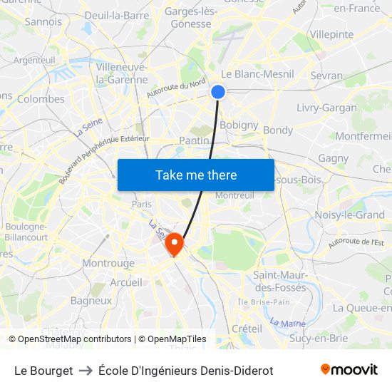 Le Bourget to École D'Ingénieurs Denis-Diderot map