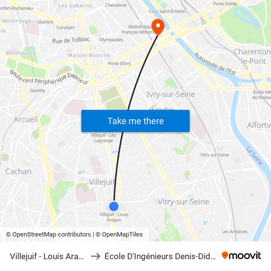Villejuif - Louis Aragon to École D'Ingénieurs Denis-Diderot map